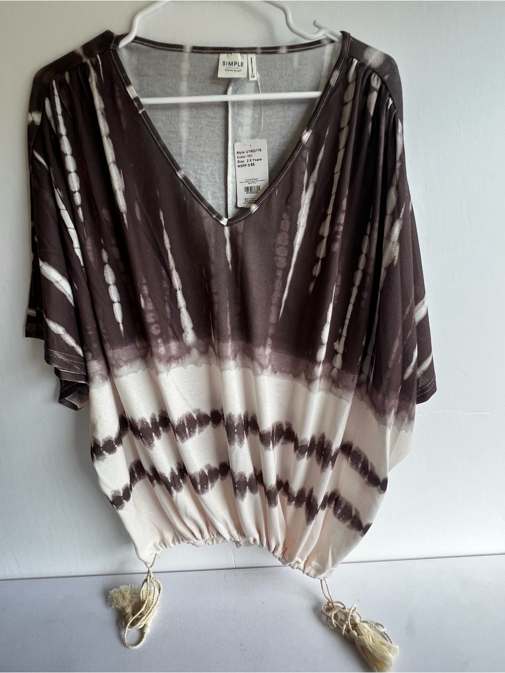 SIMPLE BY SUZANNE BETRO SHORT SLEEVE BROWN/CREAM TIE DYE V- NECK TUNIC 
Size 2X